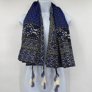 World Market Blue Boho Tassel Scarf Artist’s Cocoon Rayon NWT